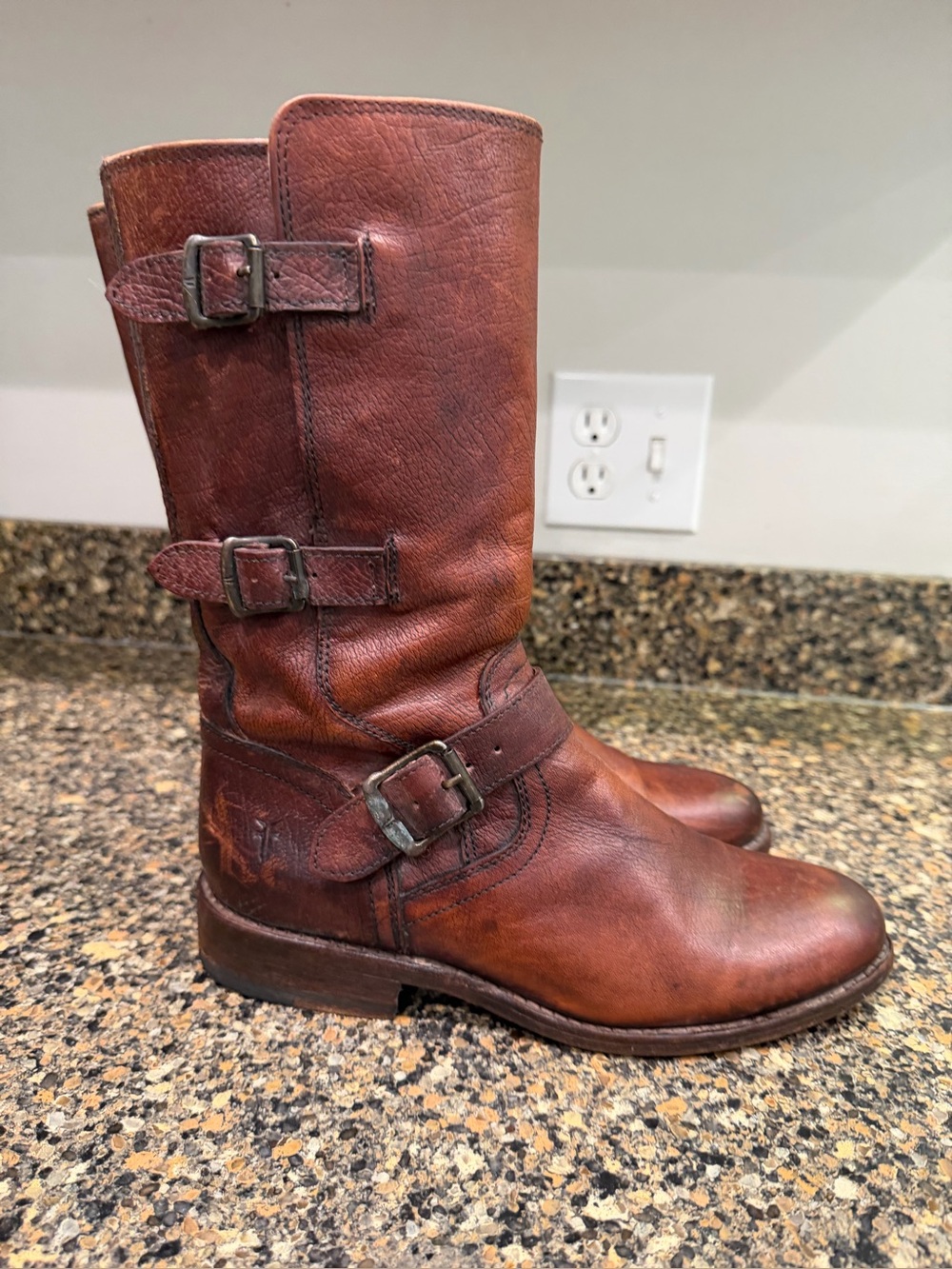 Frye Jaden 7.5 Brown Leather Mid-Calf Buckle Boots - Women's